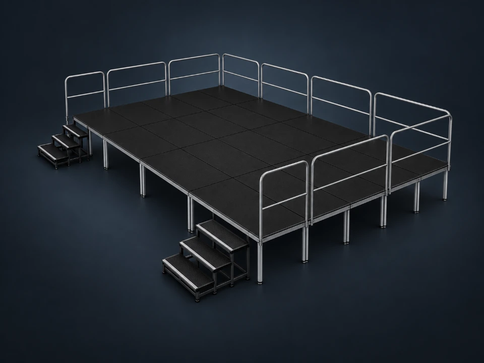 Modulair zwart podium met leuningen en twee trappen