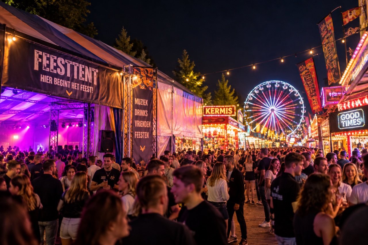 Feesttent met publiek naast een verlichte kermis in de avond