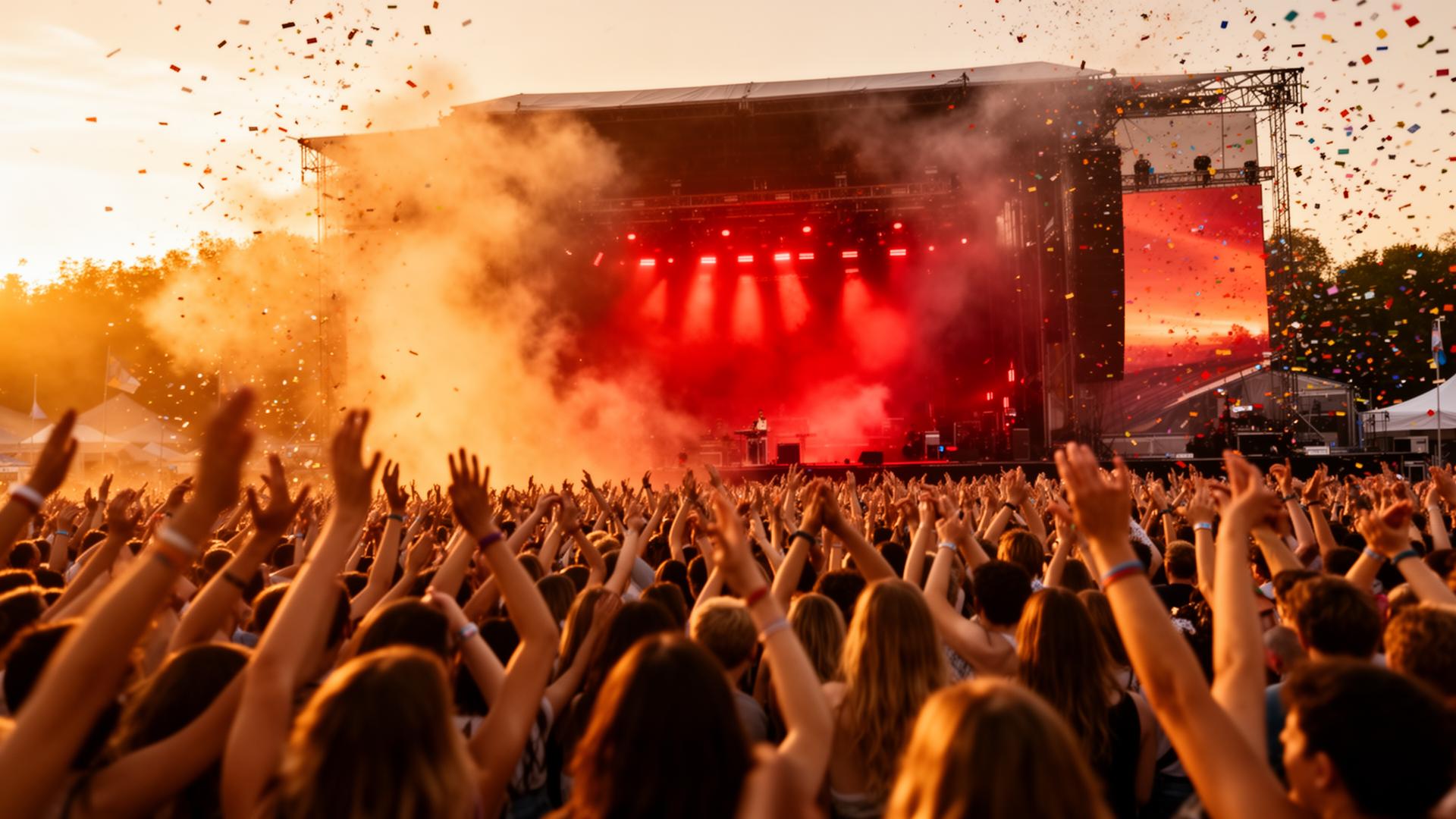 Volle dansvloer met rode podiumverlichting en confetti tijdens DJ-set van Kevin Froger