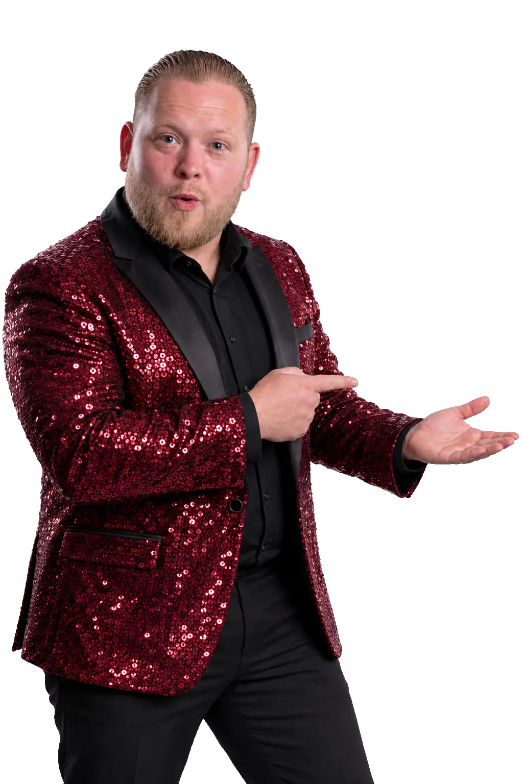 Kevin Froger in een bordeaux glitterjasje