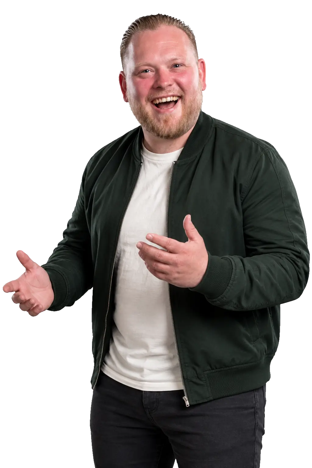 Kevin Froger in een groen bomberjasje